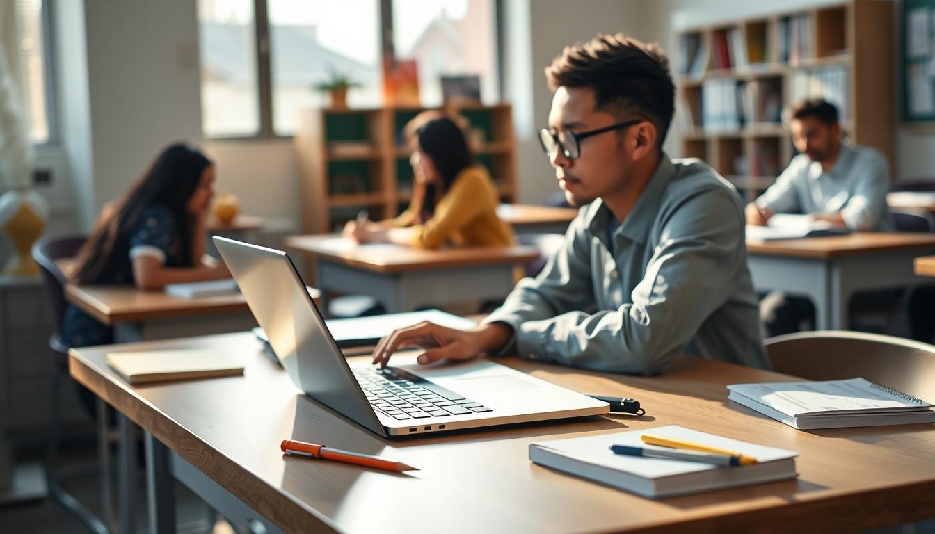 Student using a study guide to organize academic notes