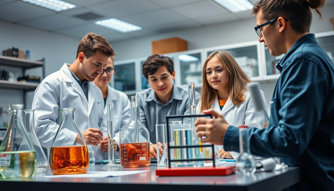 Students studying together in modern classroom